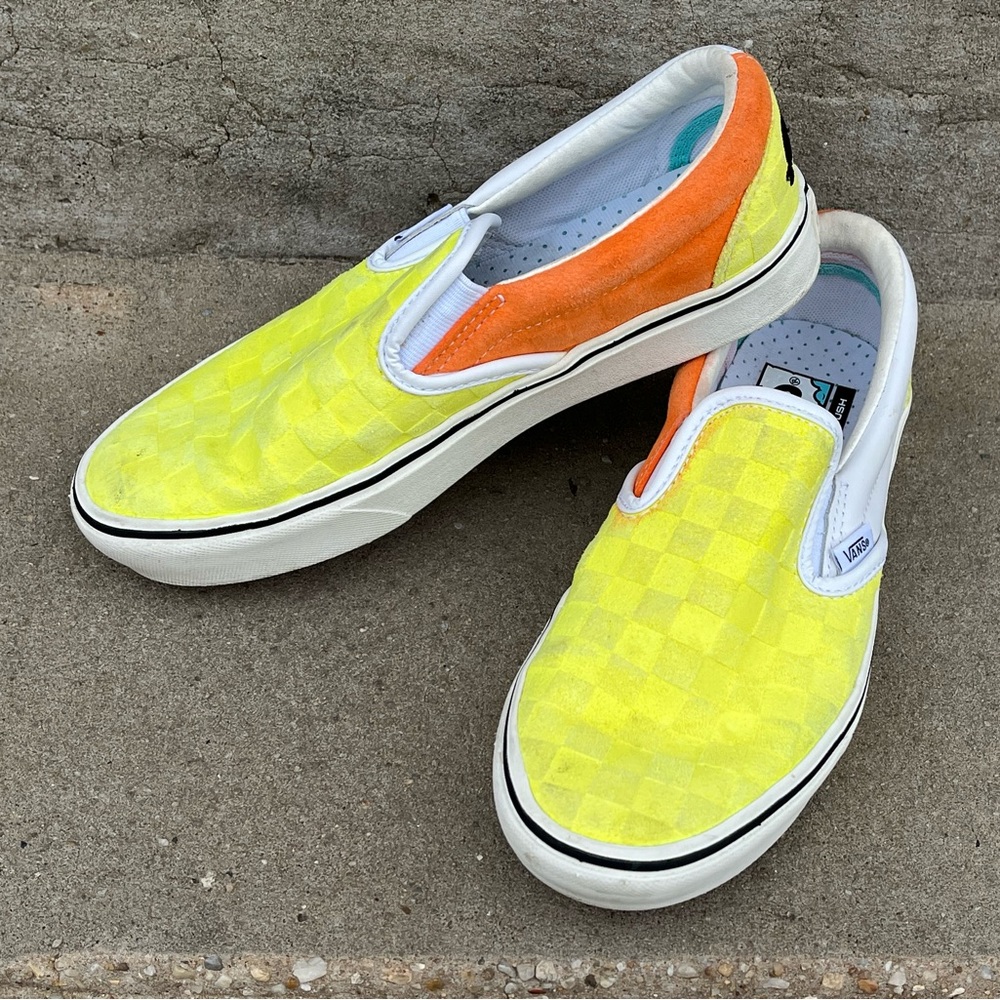 Vans Penn Tennis Sneakers Neon Yellow Orange Checkerboard Slip On W-7; M-5.5